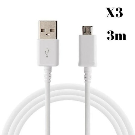 Cabel Laddare Micro USB - Phonillico - Pack om 3 - 3 Meter - Kompatibel med ASUS ZENFONE - Vit