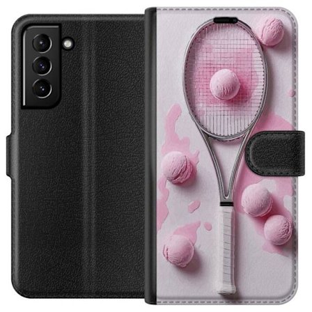 Kompatibel Tegnebogsetui til Samsung Samsung Galaxy S21+ 5G Rosa glaskugler og tennisketsjer i et kreativt stillbillede med legende popfølelse og mod