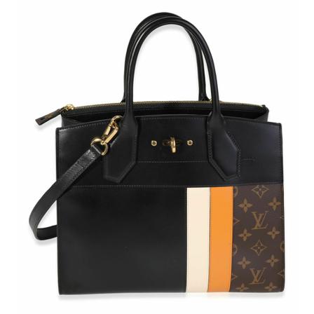 Louis Vuitton Vintage, Calfskin ; Monogram Canvas City Steamer Mm Tote Bag Zwart, Dames, Maat:ONE Size