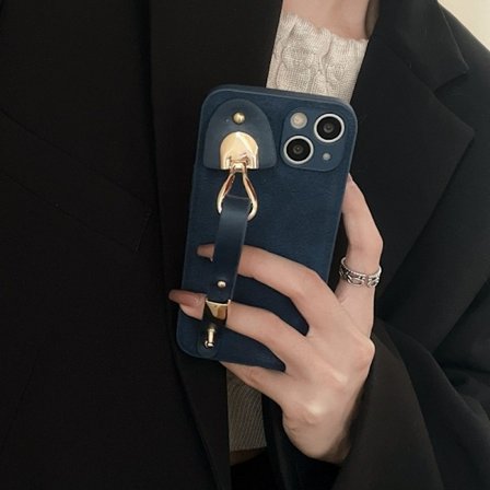 Fodral för iPhone 14PRO MAX Mån gropmönster mörkblå kaffeböna ding armband läder ro