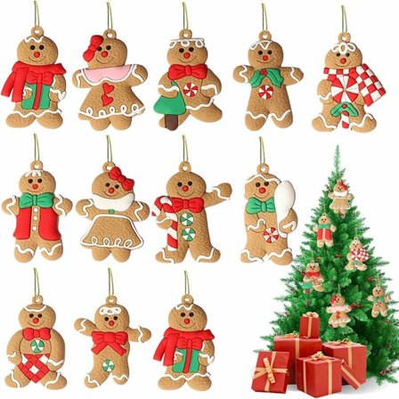 12 st julgranshängande prydnader, pepparkaksgubbe-hängen för festdekoration, hantverkstillbehör, 75 cm