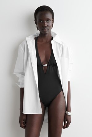 COS Women's Embellished Plunge Neck Swimsuit in Black