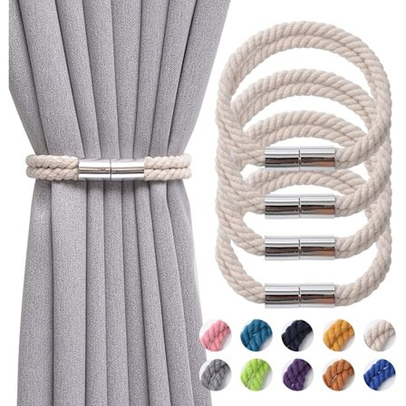 Beige Set med 4 Handgjorda Naturliga Bomulls Magnetiska Gardinband för Tunna eller Tjocka Hem- och Kontorsgardiner