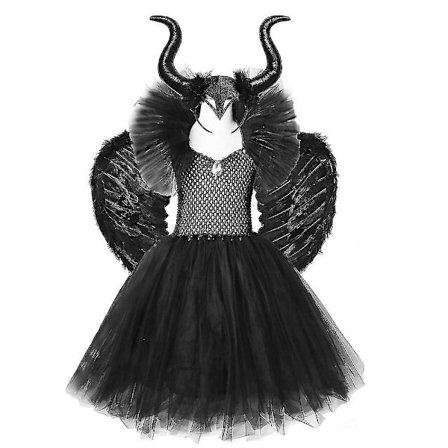 halloween barn flicka svart klänning klänning djävul cosplay Dress with horns