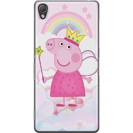 Yhteensopiva Puhelinkuori Sony Xperia Z3 Peppa Pig prinsessamotiivi kruunulla, siivillä ja sateenkaarella, satumainen lasten kuvitus pilvitaustalla
