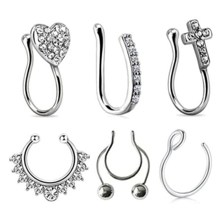 6 stk. Fake Septum Næsepiercing Næsering Uden Hul Sølv