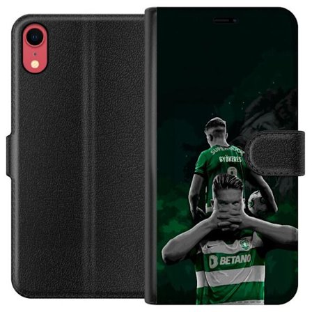 Yhteensopiva Lompakkokotelo Apple iPhone XR Neonmotiivi, jossa teksti "Gaming is in my DNA" sinisenä ja punaisena tiiliseinällä, jossa loistava DNA-sp