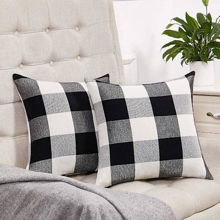 Set med 2 svart-hvite rutete putetrekk i rutete mønster, rustikk dekorativt firkantet pyntetrekk til pute, 18x18 tommer, til hjemmet