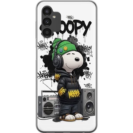Samsung Galaxy A04s Gjennomsiktig deksel Snoopy i gateklær med hodetelefoner, graffiti-stil og et stort smil mens han står ved siden av boomboxen i