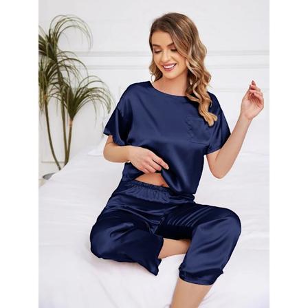 Kvinde Silke Pyjamas Kort Ærme Søvnwear Blød Satin Loungewear Rund Hals T-Shirts Om Bukser 2 Stykker Sæt Blue L