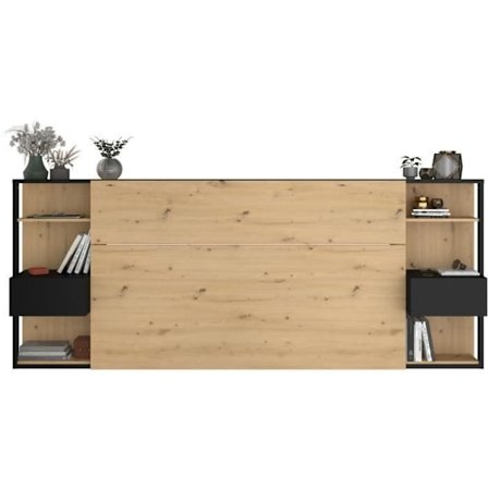 PARISOT Sengegavl med hylder + integrerede sengeborde - Eg og sort indretning - L 255 x D 36 x H 103 cm - HVID