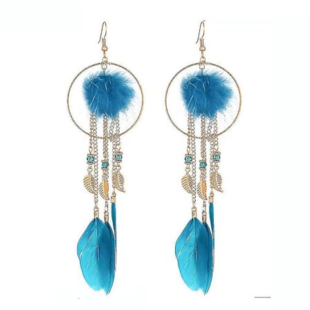 Lange øredobber 3D pelsball fjær frynser blå legering opal øredobber til bryllup