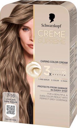 Schwarzkopf Creme Supreme Caring Color Creme 7-16 Cool Ash Dark Blonde, Hår, Hårfarve, Permanent Hårfarve
