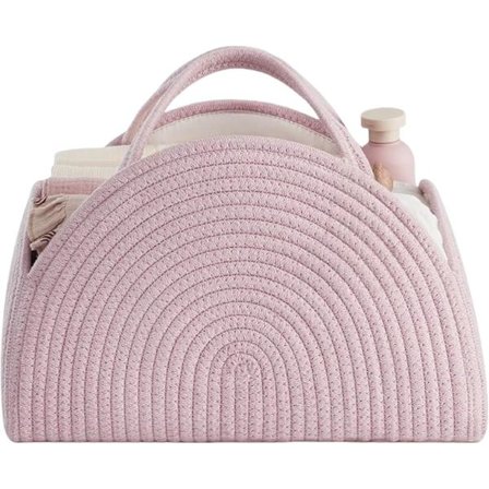 Portabel Blöjkorg Organizer med Fickor och Handtag - Förvaringskorg av Bomullsrep för Skötbord, Babybad, Barnkammare - Rosa - 32x20x22cm