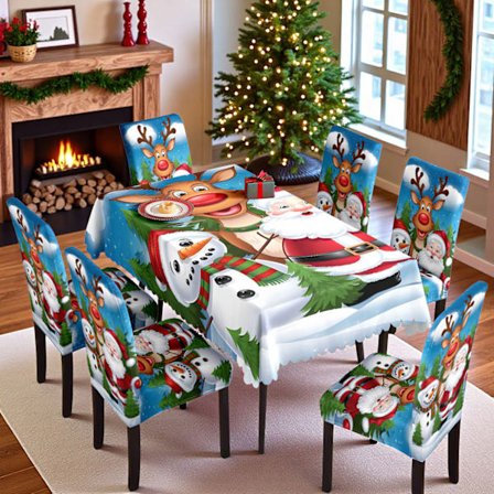 5-osainen joulukuvioinen ruokatuolin päällinen ja vedenpitävä pöytäliinasetti, joulutuolin päälliset ja pöytäliinasetti (4 tuolin päällistä + 1 