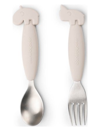 Done by Deer Easy-Grip Spoon And Fork Set Deer Friends Sand - Beige - H:14.4CM