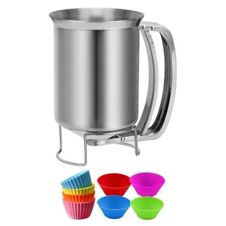 2-i-1 Batterdispenser i rustfritt stål, 800 ml, med klemhåndtak, pannekakeheller, batterkanne, bakeverktøy (FMY)