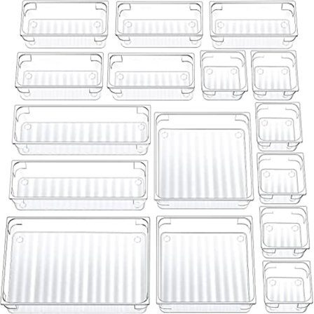 16 stk. Klar Plast Skuffeorganisator Sett, 4-Størrelses Allsidige Baderoms- og Sminkebord Skuffeorganisator Brett, Oppbevaringsbokser for Sminke, 