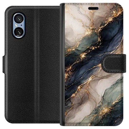 Kompatibelt Lommeboketui til Sony Sony Xperia 5 V Luksuriøs abstrakt marmor kunst i svart, hvitt og gull med elegante linjer, eksklusivt design for p