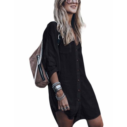 Kvinnors Lös Långärmad Baddräkt Cover Ups Knapp Ned Strandskjorta-G-svart