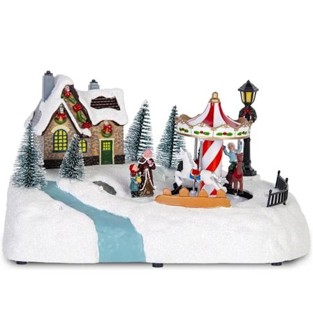 Jul by karneval karusell hus animerade barn njuter en vinter kul park