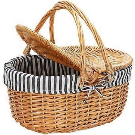 Piknikkurv i kurv med lokk, kurvkurv med håndtak og fôr, håndlaget handlekurv, flettet