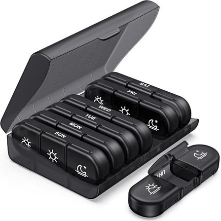 ING Pilleæske, Ugentlig Pilleæske, Tre Gange Dagligt, Bærbar Rejsepilleæske, Rummer 7 Dages Forbrug, Rummeligt Sort Design