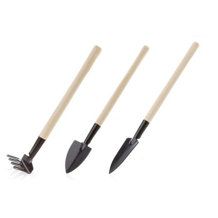 3-delad miniskopset med kratta, blomträdgårdsverktyg, krukväxtvård, trähandtag, metallhuvud, jordskyffel, trädgårdsredskap
