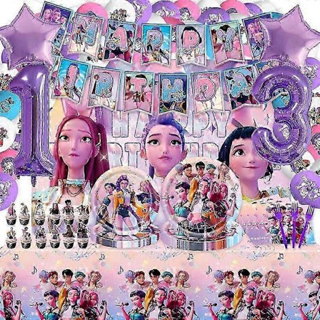 KPop Demon Hunters Födelsedagsfest Set för Barn - Tallrikar, Muggar, Ballonger, Tårtdekoration, Dukar Bordsdekorationer