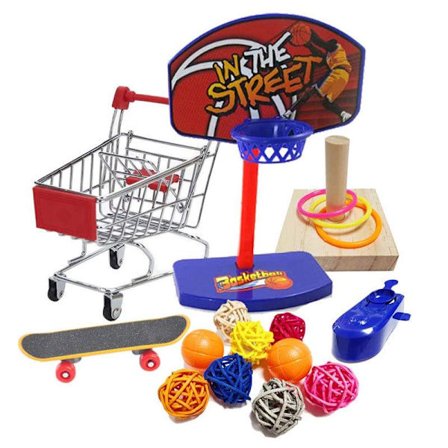 5-pakning Papegøye Fugletrener Leker - Undulat Intelligens Trening Leketøysett med Sparkesykkelkurv Stable Ring Mini Handlevogn