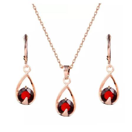 Rosé Guld Smyckesset -halsband & Örhängen -droppe & Röd Kristall Röd