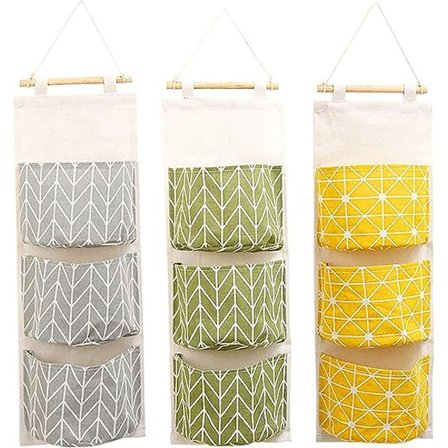 3 stk søte oppbevaringsposer i lin med oppheng bak foldbar veggdør for oppbevaring av småting i entreen leker smykker nøkler 3 lommer grønn