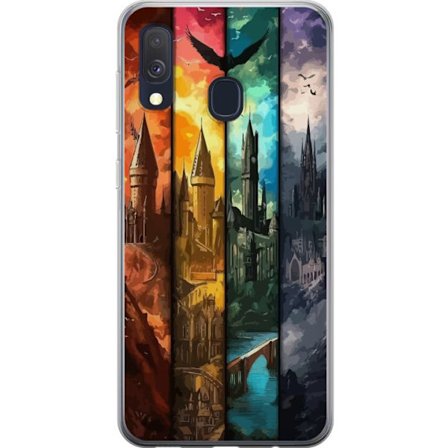 Kompatibelt Mobildeksel til Samsung Samsung Galaxy A40 Fire magiske slott i forskjellige elementfarger, episk fantasikunst med ild vann luft og mørke