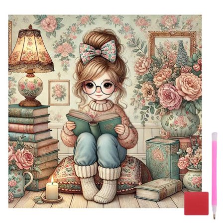 Diamond Art Kits til voksne, Læsebog Diamond Painting Kits til voksne begyndere, DIY Fuld Runde Drill Bog med Pige Diamond Art til boligindretning