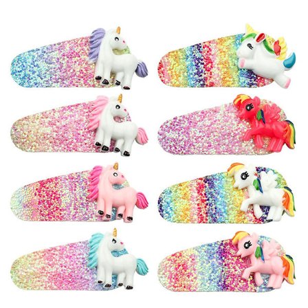 Dww - 8 stk Unicorn Hårklemmer med Glimmer Snap Clips Regnbue Hårspænder Dekoration Til Børn Pige Fødselsdagsfest Gave