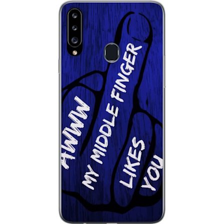 Kompatibelt Mobildeksel til Samsung Galaxy A20s Mørk typografisk illustrasjon med hjerteform og budskap om vennskap mot dyp blå tretekstur