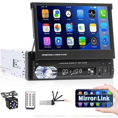1 Din Bilstereo med 7-tums HD Infällbar Skärm Auto Stereo Radio Bluetooth Handsfree USB FM Spegellänk AUX.[Y742]