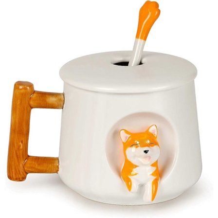3D Shiba Inu Sød Kaffekrus, Mønster Indeni 414 ml Krus med Åbningslåg og Dejlig Matchende Sød Pote Ske KJU