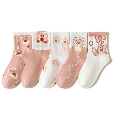 5 Par Børne Bjørnemønstrede Bomuldsstrømper Indendørs Udendørs til Piger Alder 6 til 8 År