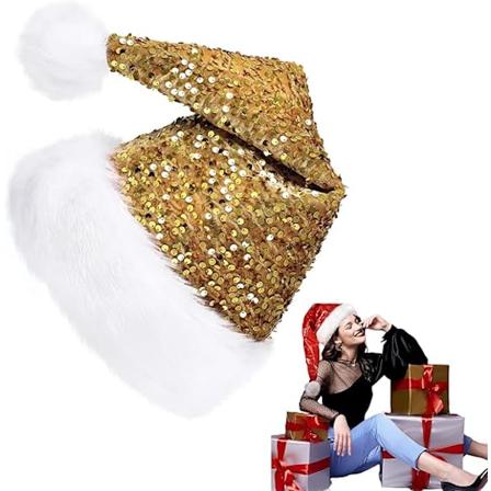 Sequin Julehatt Juleretter 35 * 45CM, Klassisk Julenissehatt Fløyelsplysj Julenissehatt (Gull) gold