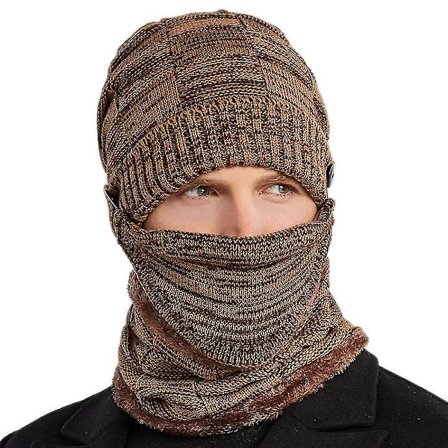 Varm vintermössa i stickad fleece för män, halsduk och ansiktsmask för skidåkning