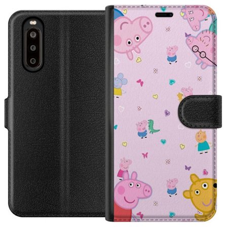 Kompatibelt Lommeboketui til Sony Xperia 10 II Peppa Gris med en baby i armene, mamma gris motiv i fargerik og myk barneillustrasjon med hjerter