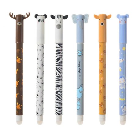 6 kappaleen setti pyyhittäviä geelikyniä, söpö eläimen muotoinen, pyyhittävä kynä pyyhekumilla, koulutarvike