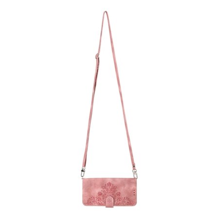 Fodral för iPhone 13 mini Rosa + axelrem Soft-Touch Crossbody Korthållare 3D Präglad Magnetisk Plånbok med Korthållare