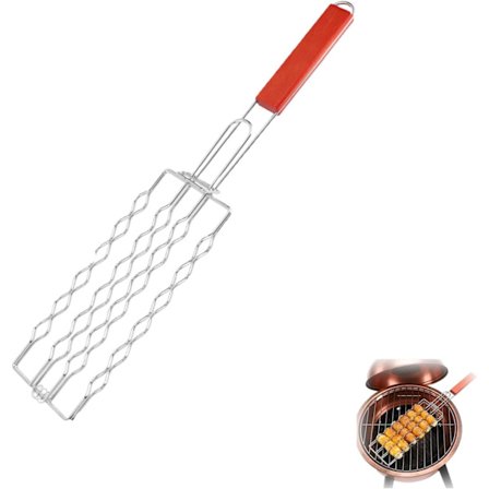 Kannettava makkaragrillikori pihdeillä tasaista kypsennystä varten; vetää jopa 6 makkaraa; täydellinen ulkogrilleihin ja retkeilyyn.