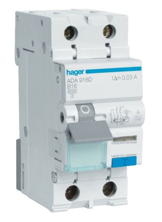 Hager ADA956G Personbeskyttelsesautomat 30 mA, type A, C-karakteristikk 6 A, Stikkontakter & kabler