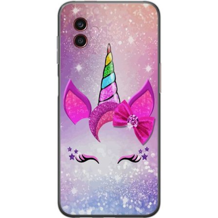 Kompatibelt Mobilskal till Samsung Samsung Galaxy Xcover6 Pro Minimalistiskt enhörningsansikte med regnbågshorn, rosa bakgrund, glitterdetaljer och