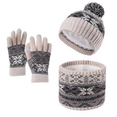 Varmstrikket snefnughue, tørklæde og handskersæt til børn - Fleeceforet, 3-delt vinterudstyr