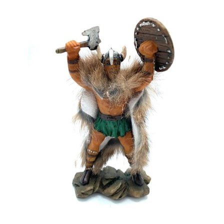 Håndmalt vikingkrigerfigur med øks og skjold