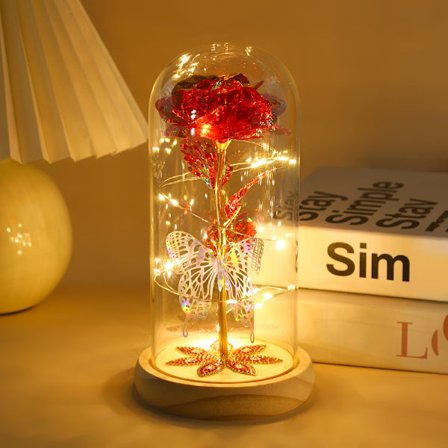 Simulert gullfolie rose med syvstjerners diamantglass lampeskjerm - Evig rose dekorativt stykke - Rød